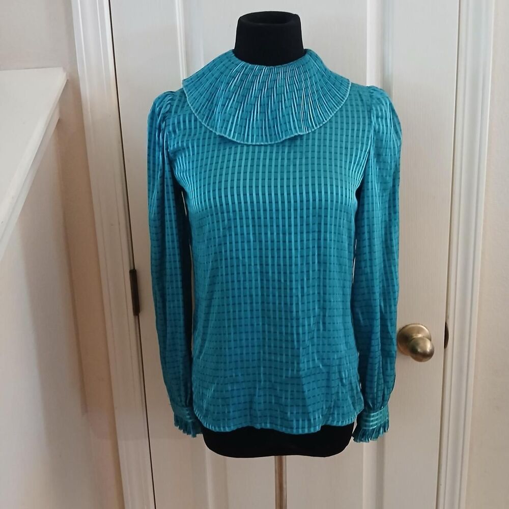 Vintage 70s Rae Hepburn California Teal Checkered Pleated Collar Blouse Top 7/8